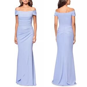 Xscape Dani Corset Bridesmaid Ruched Off Shoulder Maxi Dress Light Blue sz 6 NWT